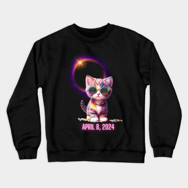 Solar Eclipse 2024 Cute Rainbow Kitty Cat Wearing Solar Eclipse Glasses Crewneck Sweatshirt by Little Duck Designs